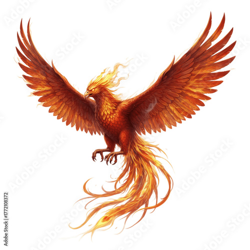 Fiery phoenix soars with blazing wings aloft high