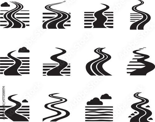 Winding Road Icons: A set of stylized icons representing various winding roads, suggesting journeys, paths, and destinations.