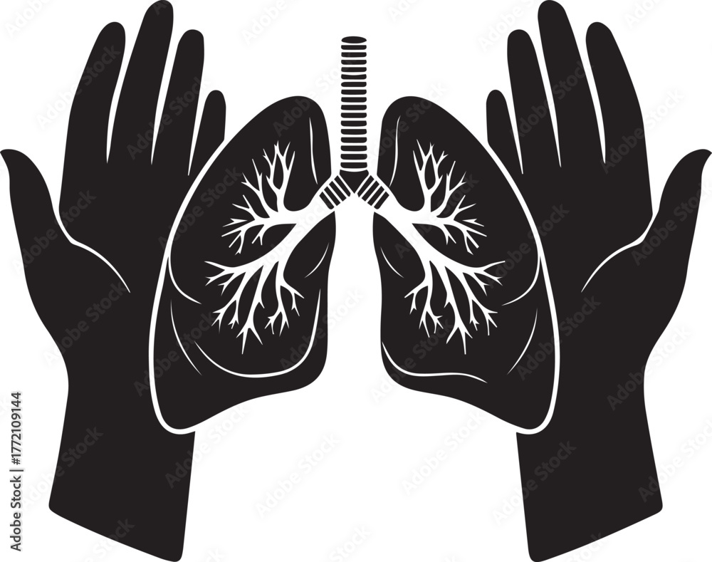 Obraz premium Hands of Protection: Symbolic artwork depicting a pair of hands cradling a set of lungs, symbolizing care, support, and protection.
