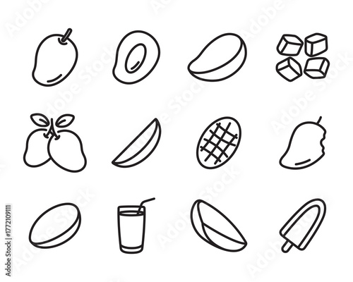 Mango icon set. Line style vectors. Contains icons such as mango slices, juice, and more.