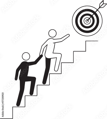 Guiding Ascent: Two figures ascend a staircase towards a bullseye target, symbolizing teamwork, support, and the pursuit of shared goals, and striving for accomplishment and teamwork.