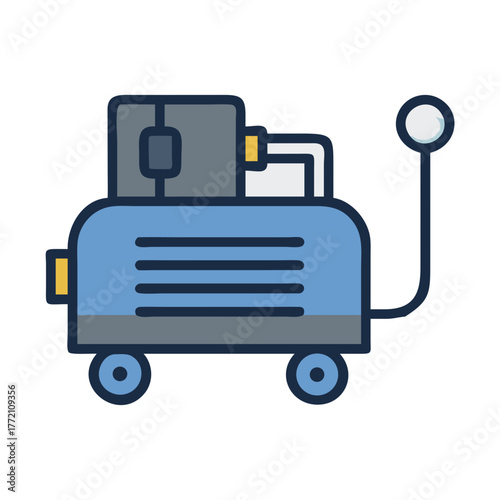 Isolated blue air compressor on black background, cartoon style
