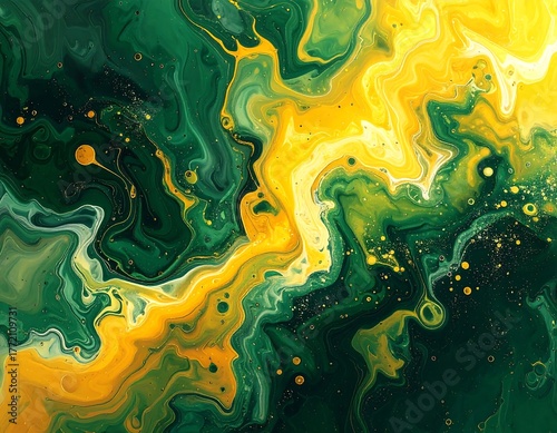 Abstract fluid art of swirling green and yellow colors