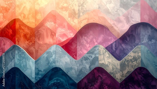 Abstract, layered mountain-like forms in vibrant, translucent hues