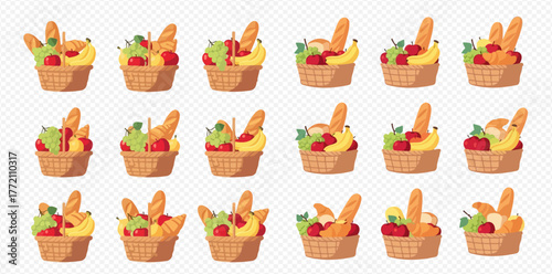 Collection of picnic baskets filled with fruit and bread.