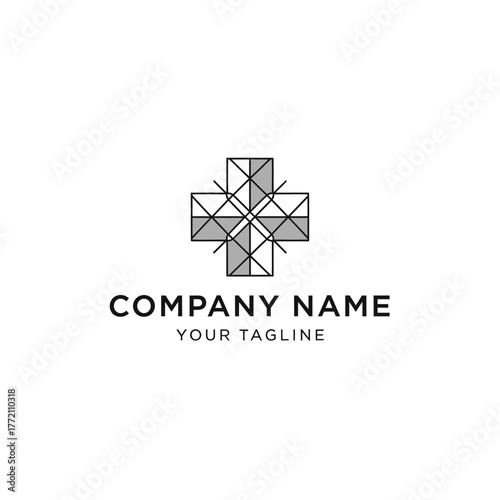 Geometric cross logo design for healthcare and medical company branding.
