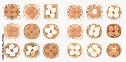 Overhead shot of various egg arrangements in containers, some white, some brown, some halved.