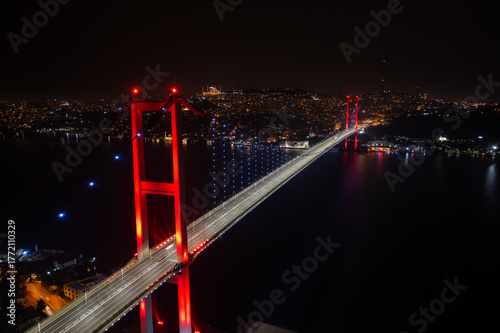 Aerial panoramic drone view of the 15 July Martyrs Bridge (Bosphorus Bridge) at night, connecting Europe and Asia in Istanbul, Turkey