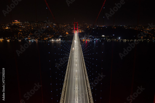 Aerial panoramic drone view of the 15 July Martyrs Bridge (Bosphorus Bridge) at night, connecting Europe and Asia in Istanbul, Turkey