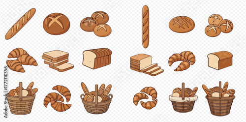 A collection of cartoon bakery items including bread, croissants, and rolls in baskets.