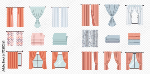 An illustration of various styles and colors of curtains and drapes.