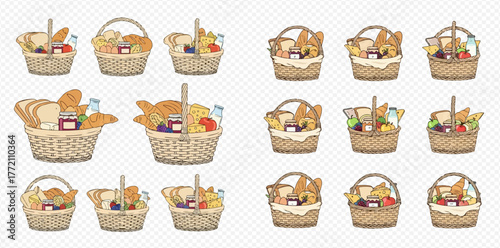 Collection of picnic baskets filled with food items.