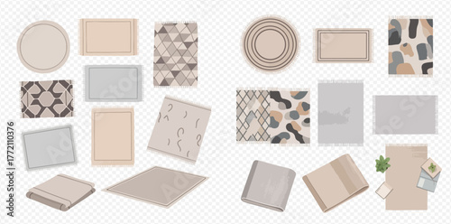 Collection of various rugs and carpets with different patterns and shapes.