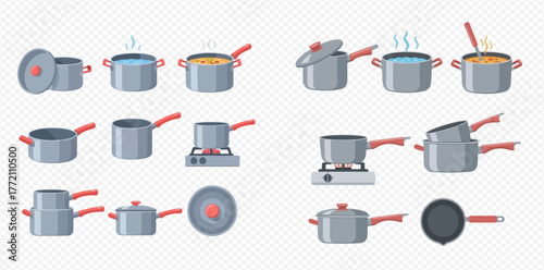 A collection of cooking pots and pans in various states and arrangements.