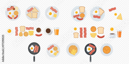 Breakfast food icons: eggs, bacon, toast, pancakes, sausage, coffee, and orange juice.