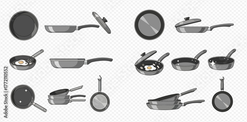 Various illustrations of frying pans and lids in different positions.