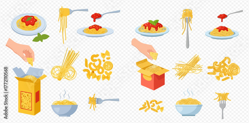 Cartoon illustration of various pasta dishes and pasta types.