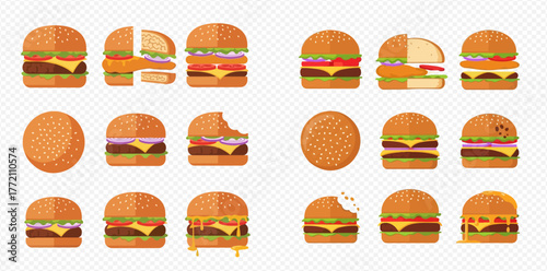 Illustration of various burgers with different toppings and fillings, some whole, some cut in half, and some with a bite taken out.