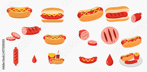 Illustration of hot dogs and sausages with mustard, some with fries and a drink.