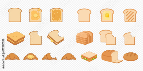 An illustration of various types of bread, including toast, croissants, and sandwiches.