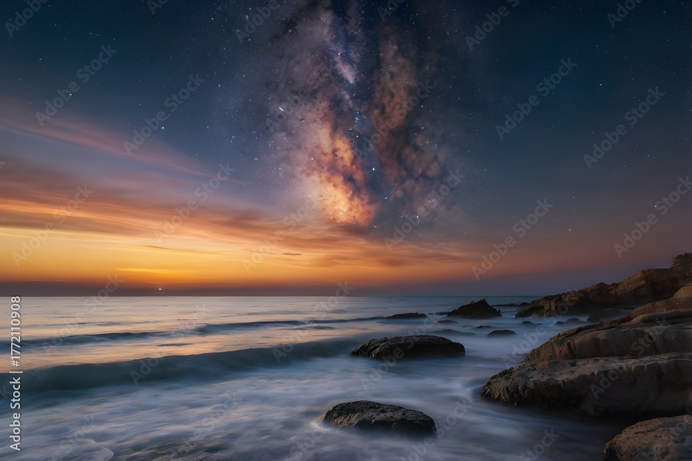 Obraz premium Golden Sunset Reflections on a Rocky Seashore