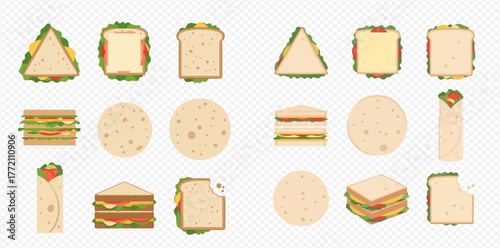 A collection of sandwich and wrap illustrations on a transparent background, showcasing various shapes and fillings.