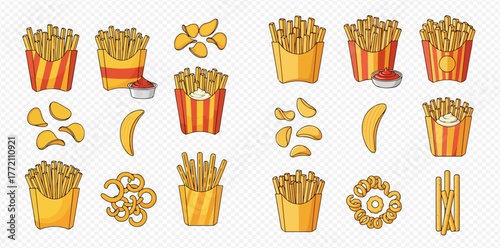 Cartoon illustration of various french fries and potato chips on a transparent background.