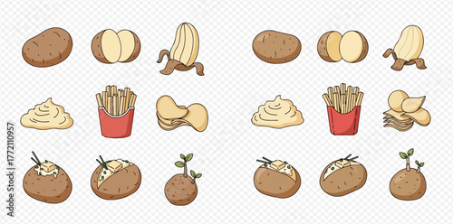 Cartoon illustration of potatoes and potato-based foods, including fries, chips, and mashed potatoes.