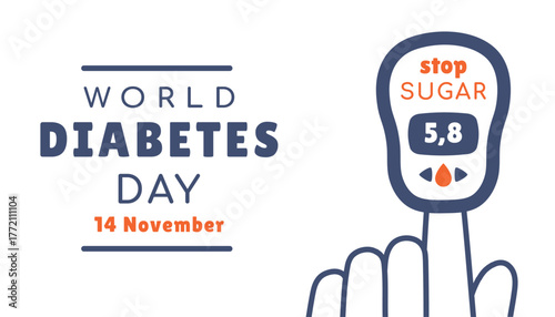 World Diabetes Day Insylin test. Poster with glucometer and fingers. Blood sugar monitor.Unity, prevention and global healthcare concept. Vector illustration