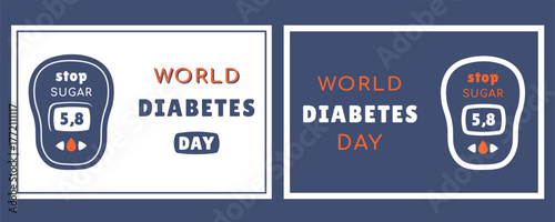 World Diabetes Day concept. Set of posters with glucometer. Blue symbols of unity, prevention and global health. Vector illustration