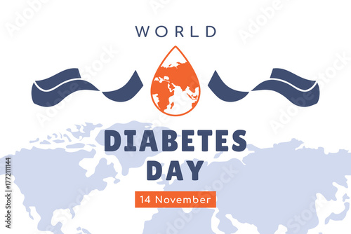 World Diabetes Day banner. Poster template with drop of blood. People of different nationality raising awareness about diabetes. Blue ribbon symbol of unity, prevention and global health. Vector