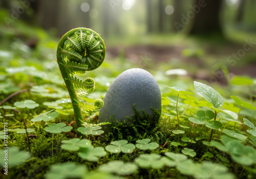 Fern leaf unfurling beside small rock