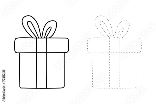 Trace and color Christmas gift box for kids printable vector. Christmas presents box coloring page for christmas celebrate.