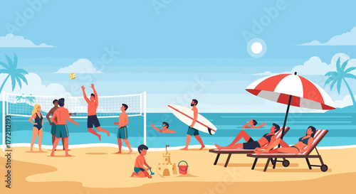 Beach Vacation People Enjoying Summer Activities on Sandy Shore