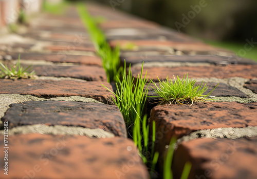 Grass sprouting between old bricks