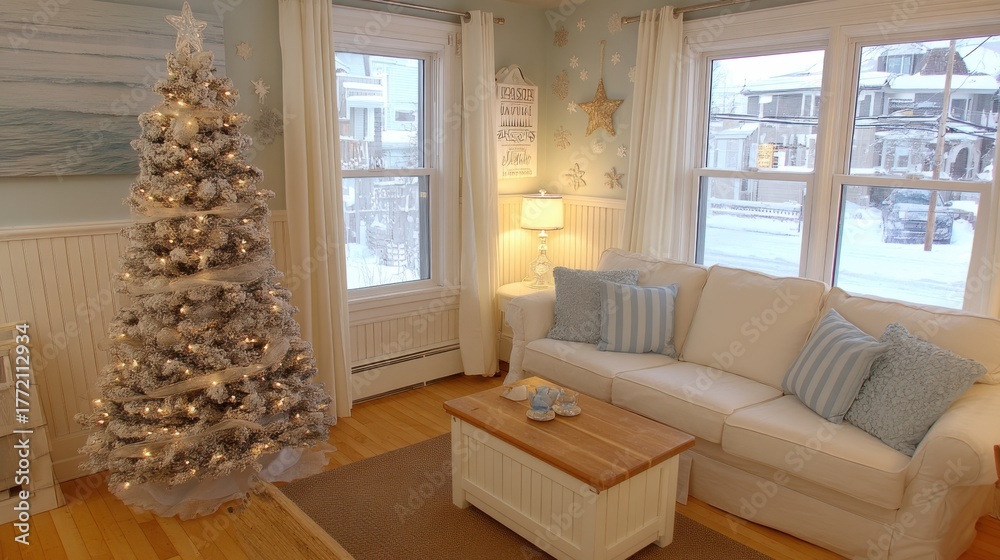 Fototapeta premium Winter holiday decor living room with christmas tree cozy home interior design snowy view warm atmosphere