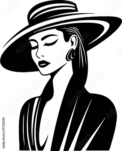 Elegant black and white illustration of a woman wearing a stylish wide brimmed hat and a sophisticated jacket