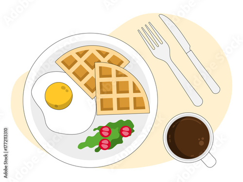 Meal variety waffle with egg and some vegetable, and cup of coffee. Brunch food illustration. Flat vector design.