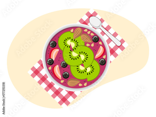 Meal variety dragonfruit smoothies with some fruit like kiwi, strawberry, almond and blueberry. Brunch food illustration. Flat vector design.