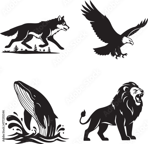 Majestic Creature Collection: A captivating collection of iconic wildlife silhouettes. The set showcases a running wolf, soaring eagle, breaching whale, and roaring lion.