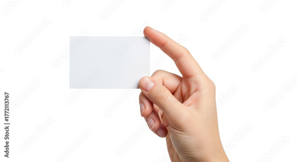 Obraz premium Hand holding a blank white business card isolated on white background
