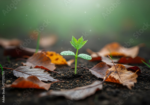 Tiny sprout emerging from moist forest floor