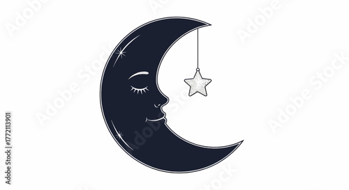 Dreamy crescent moon with a sleeping face and a sparkling star, perfect for bedtime stories or children's decor, magical night illustration