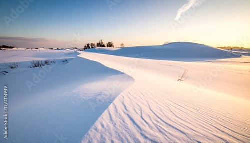Fototapeta Naklejka Na Ścianę i Meble -  A winter landscape with snow-covered dunes basked in the warm glow of a setting sun, with subtle clouds in the distance
