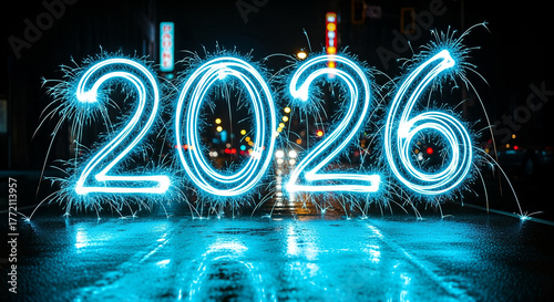 Happy New Year 2026 celebration with blue light painting and fireworks.