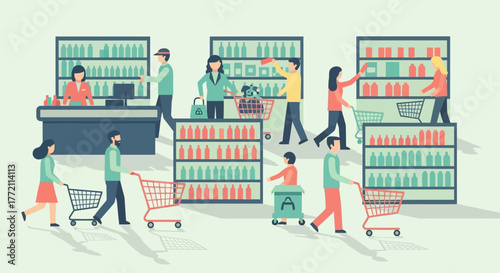 Busy Supermarket Scene People Shopping for Groceries in Colorful Aisle Illustration