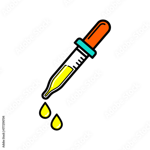 Dropper dispensing yellow liquid with two drops falling, isolated on white, symbolizing scientific precision and careful application, clean and simple.
