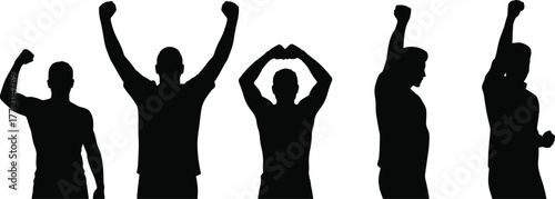Diverse Male Silhouettes Cheering with Raised Arms: Set of Five Vectors.