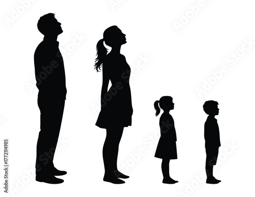Family Silhouette: Father, Mother, Daughter, Son Looking Upward Together Vector.