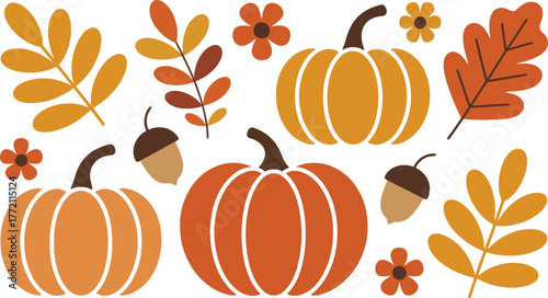 Fall Harvest Vector Set: Pumpkins, Autumn Leaves, Acorns, and Flowers.